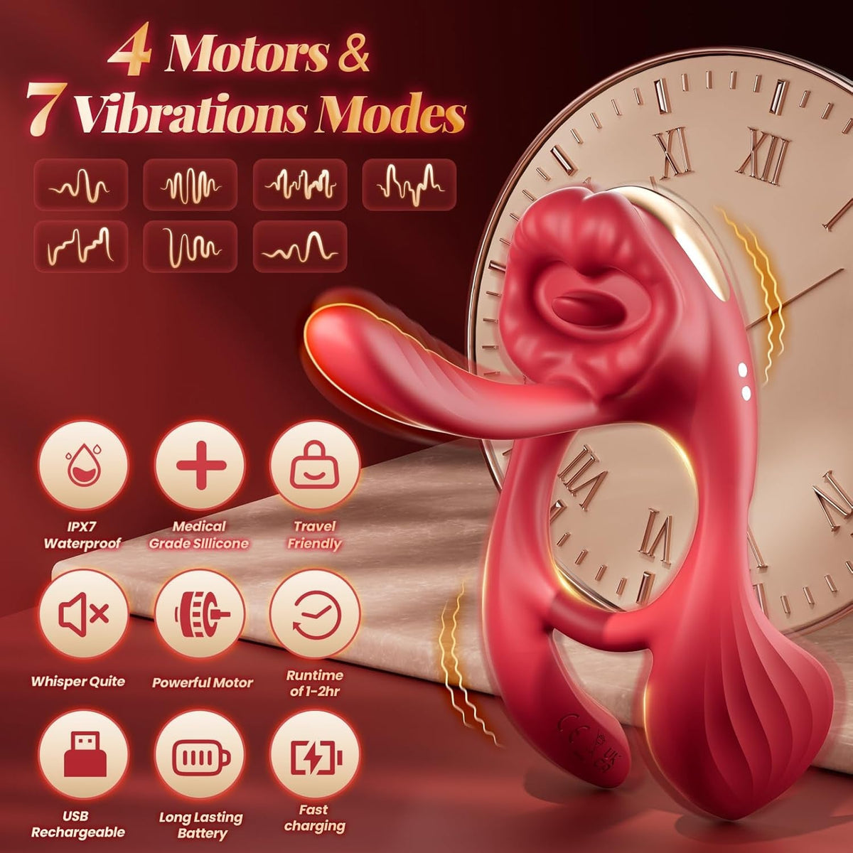 QuadWave 4 Motor Cock Ring Clit Stimulator 7 Modes Silicone