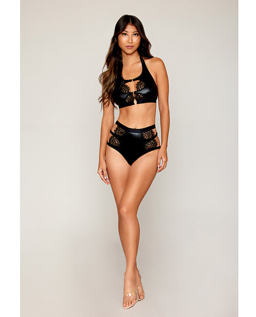 Stretch Faux Leather Bralette with High-Waisted Panty Black Large