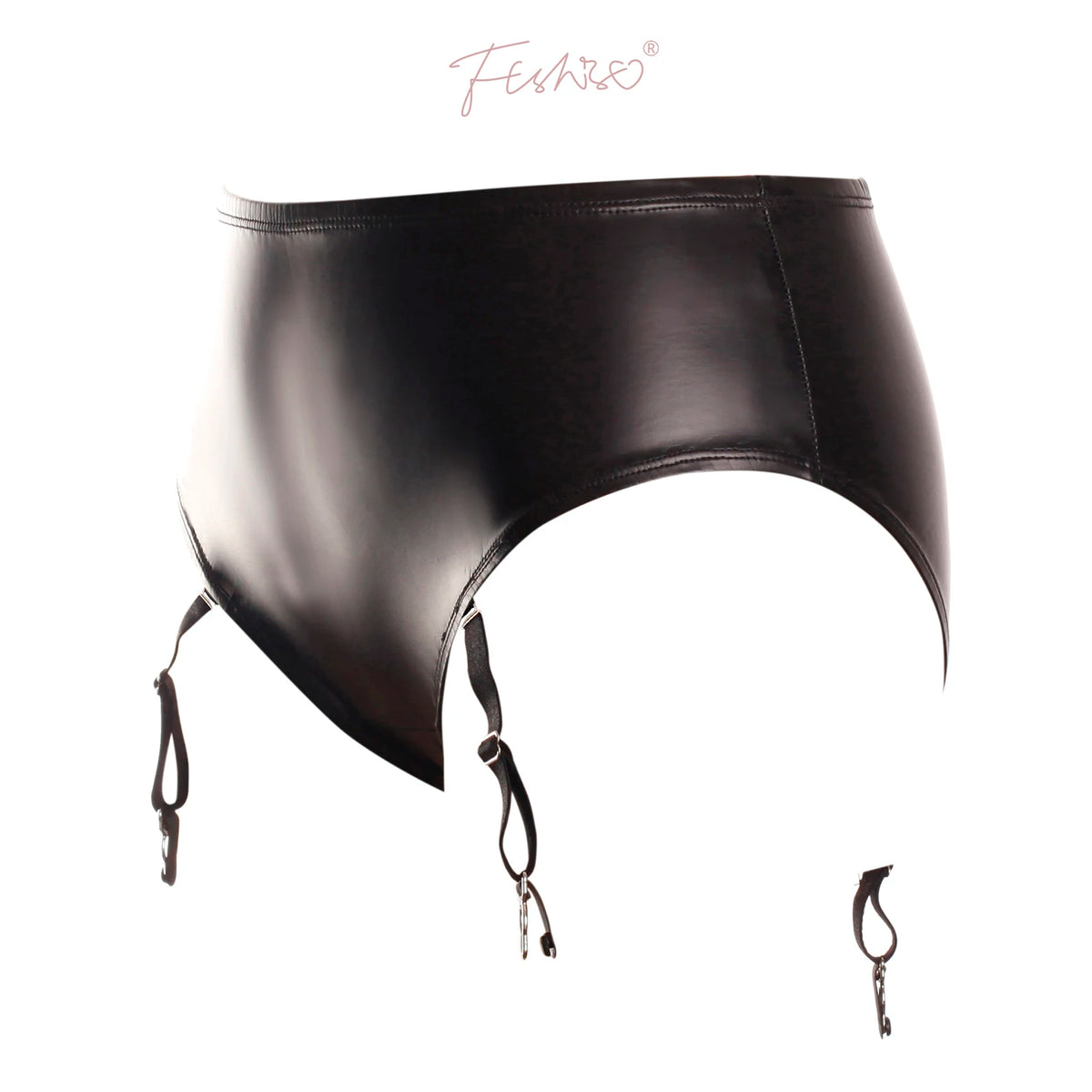 Ftshist Women's Wet Look Briefs High Waist Matte Black PU Leather Panties Fit Garter Socks Faux Leather Crossdress Lingerie