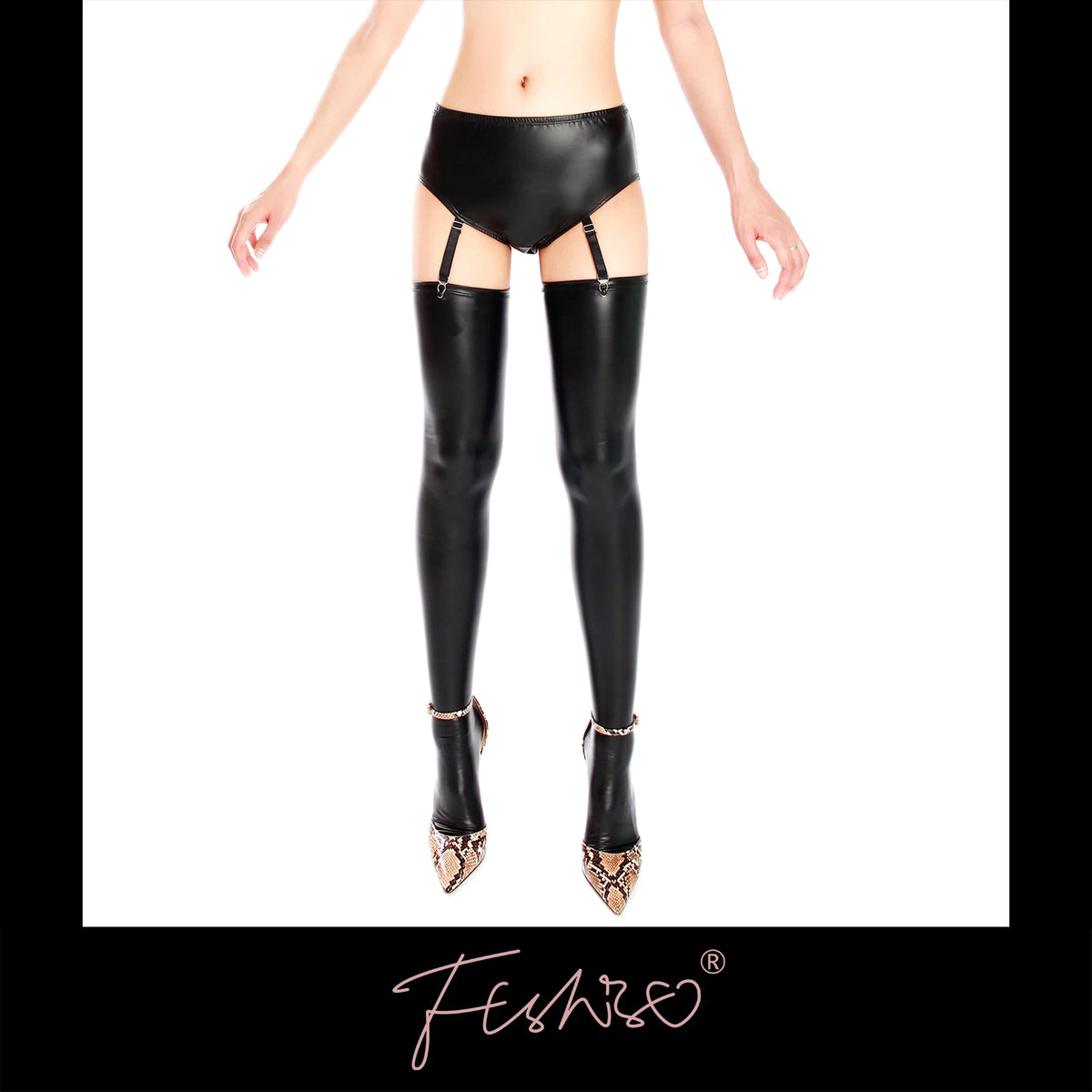 Ftshist Women's Wet Look Briefs High Waist Matte Black PU Leather Panties Fit Garter Socks Faux Leather Crossdress Lingerie