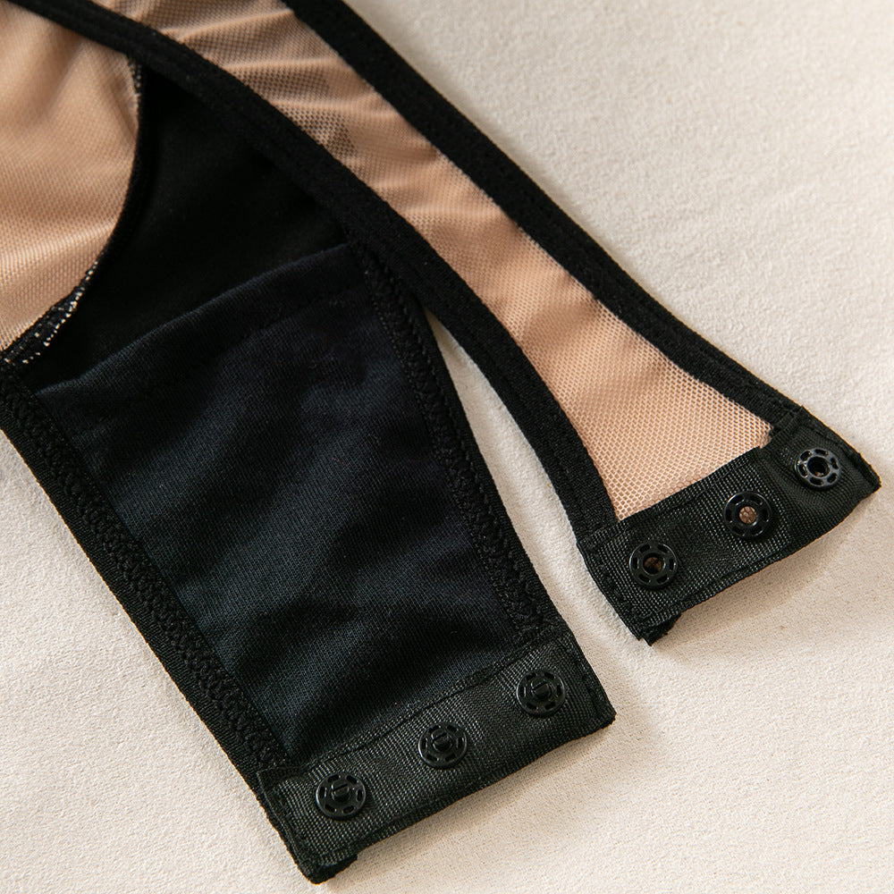 Orena Europe and the United States foreign trade sexy mesh PU leather stitching perspective slim cross-border new neck peach jumpsuit