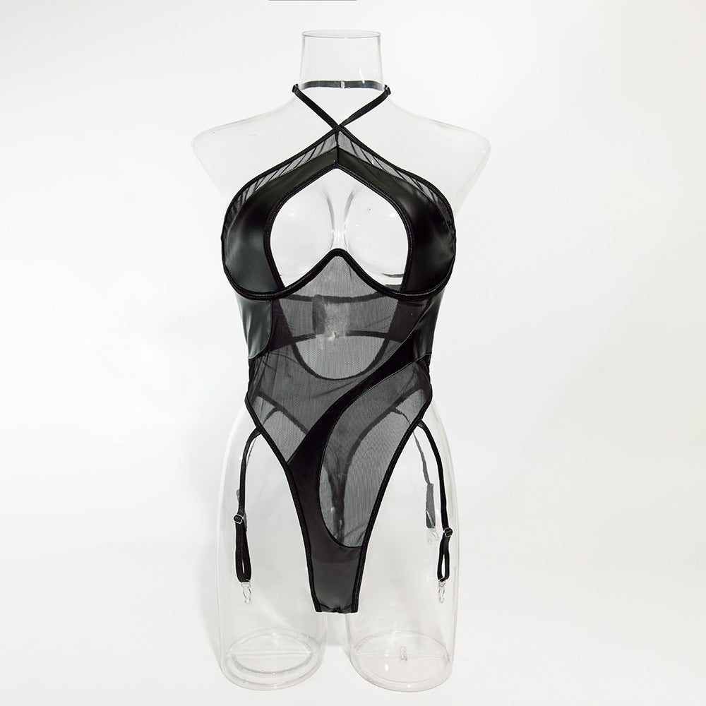 Orena Europe and the United States foreign trade sexy mesh PU leather stitching perspective slim cross-border new neck peach jumpsuit