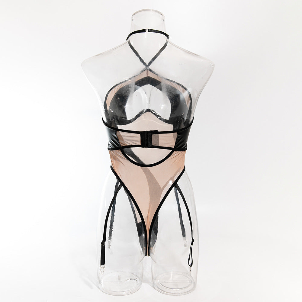 Orena Europe and the United States foreign trade sexy mesh PU leather stitching perspective slim cross-border new neck peach jumpsuit