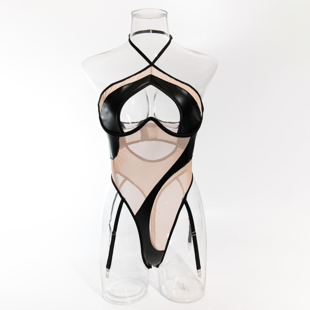 Orena Europe and the United States foreign trade sexy mesh PU leather stitching perspective slim cross-border new neck peach jumpsuit
