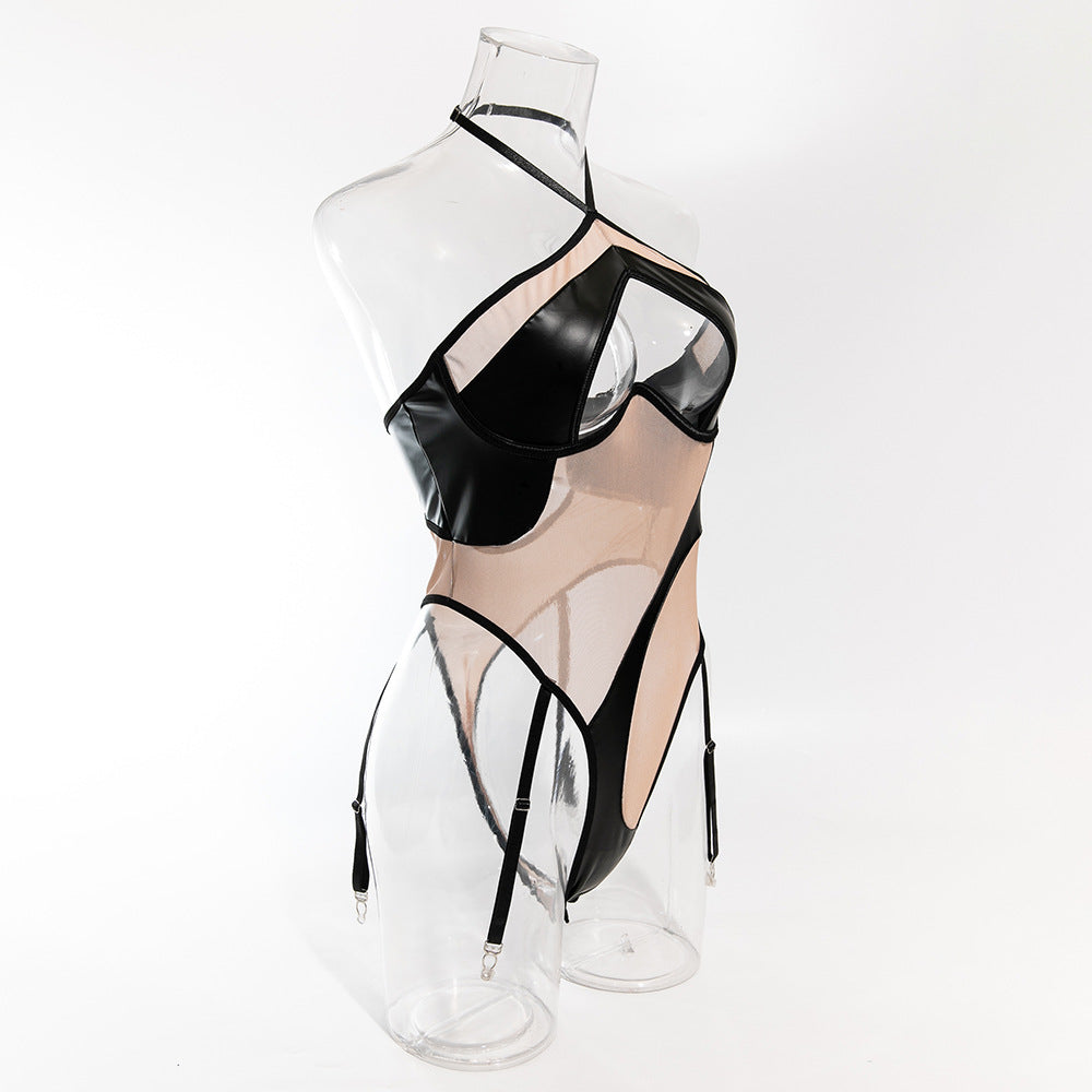 Orena Europe and the United States foreign trade sexy mesh PU leather stitching perspective slim cross-border new neck peach jumpsuit
