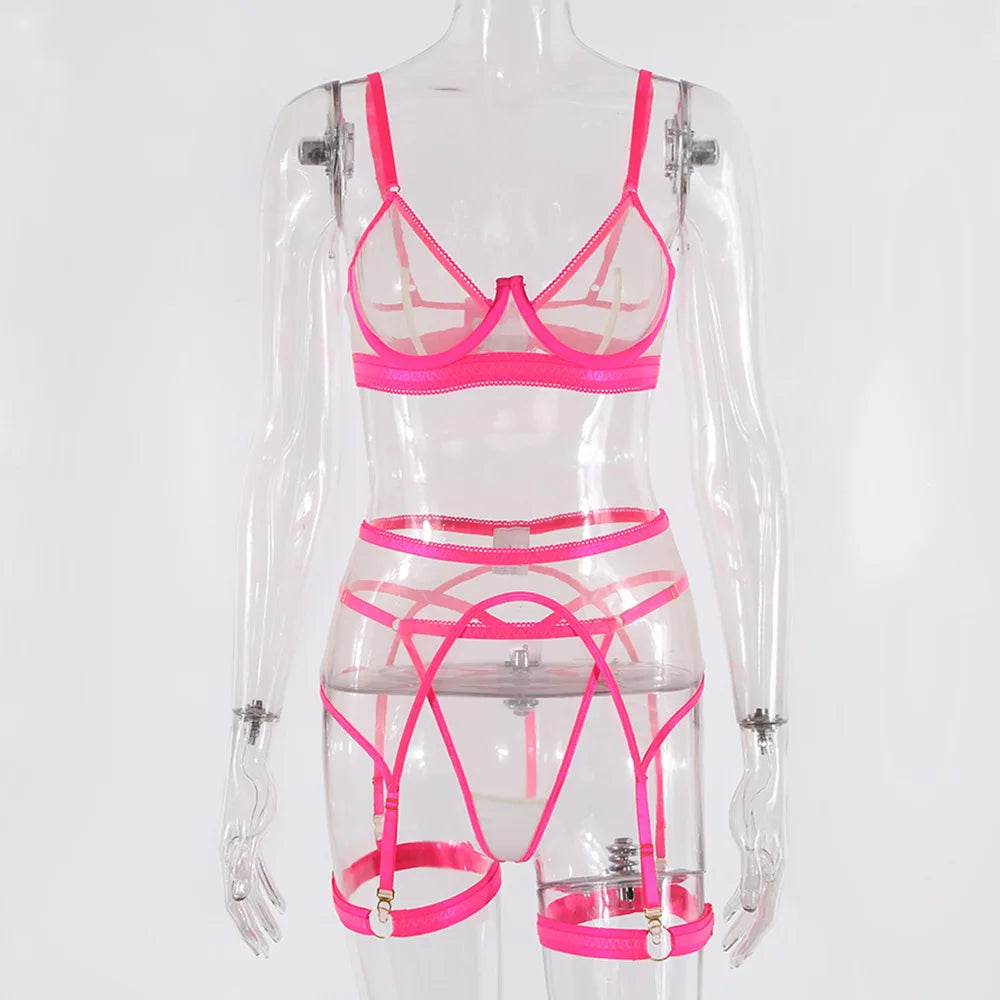 Brskbzda Neon Sensual Sexy Female Lingerie Transparent Bra Panty Set 4-Pieces See Through Seamless Exotic Sets Fancy Underwear