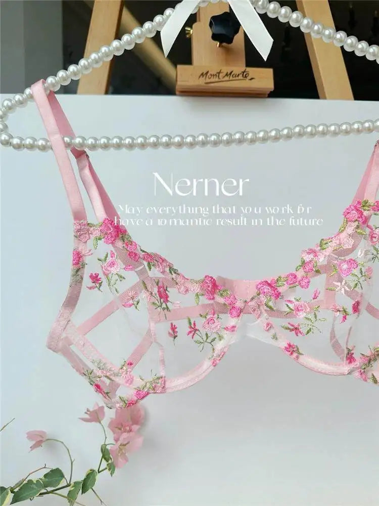 YUQI French Elegant Lingerie Set-Floral Embroidery Semi-Transparent Bra & Brief,Black Sensual Women's Underwear Luxury Intimates