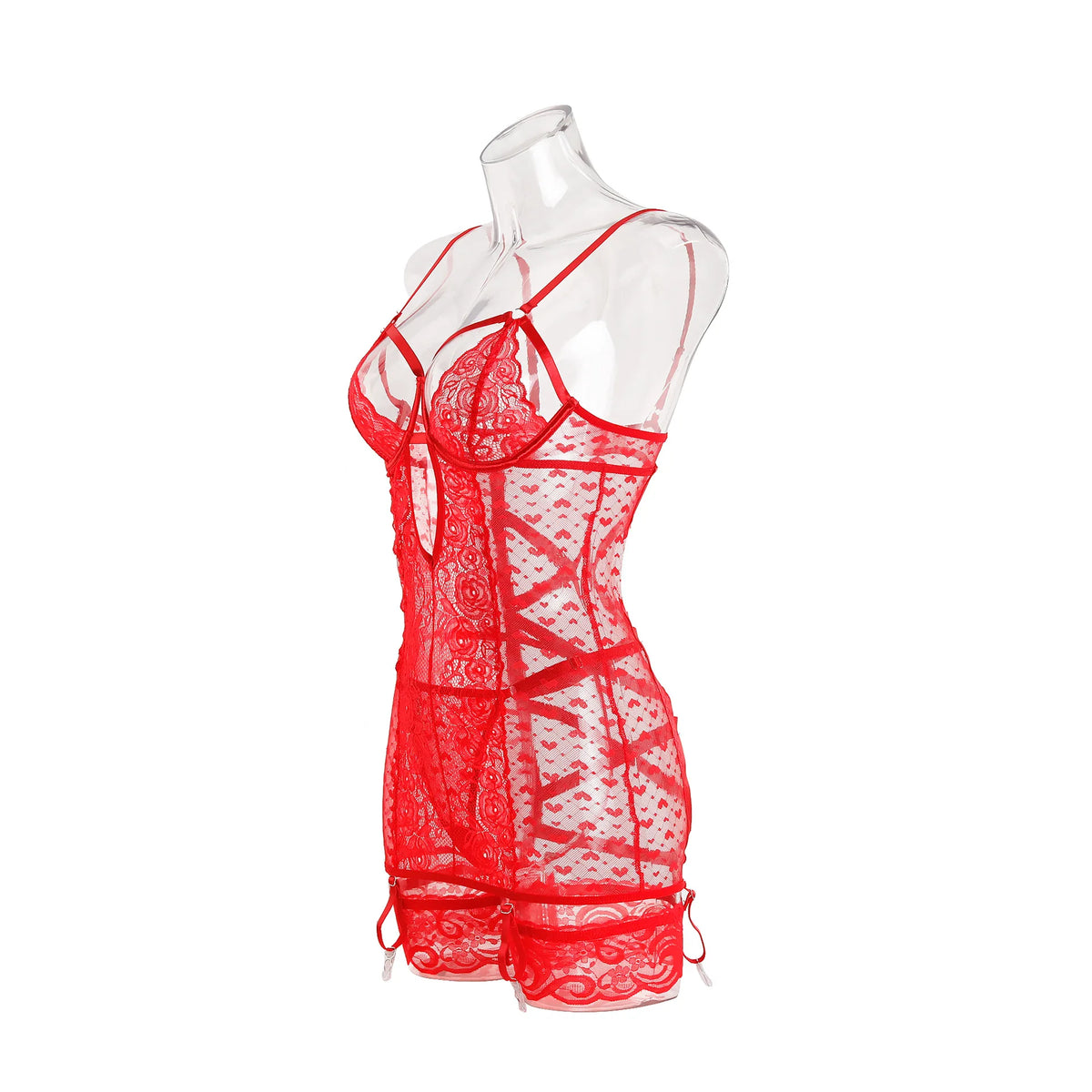 Ellolace Valentine Women's Lingerie Sets Seductive Dress Thong 2PC with Leg Circles Tempted Heart See Through Hollow Mini Body