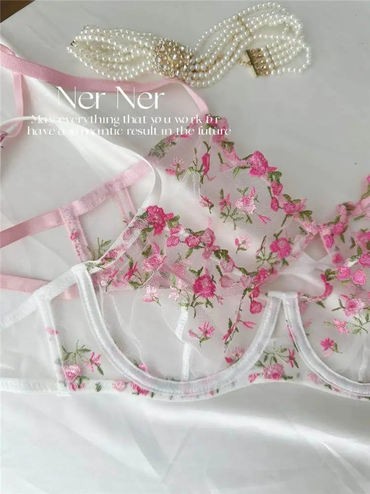YUQI French Elegant Lingerie Set-Floral Embroidery Semi-Transparent Bra & Brief,Black Sensual Women's Underwear Luxury Intimates