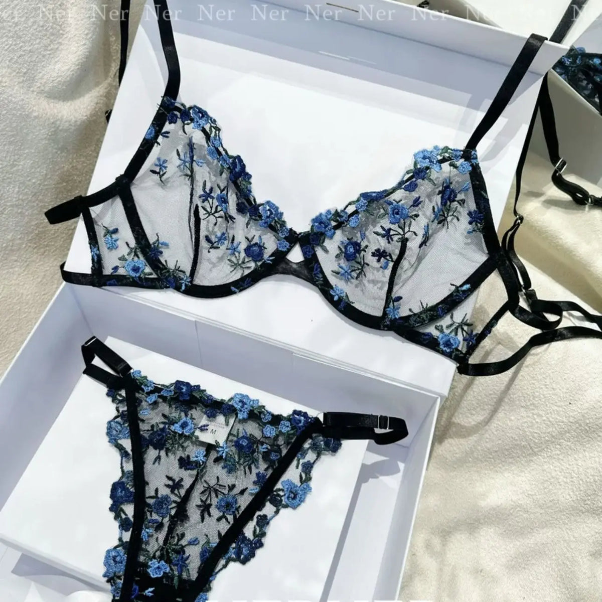 YUQI French Elegant Lingerie Set-Floral Embroidery Semi-Transparent Bra & Brief,Black Sensual Women's Underwear Luxury Intimates