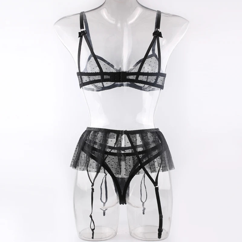 Krasapt Polka Dot Print Push Up Bra Mesh Woman Exotic Lingerie Sets Ruffle Lingerie Extremely Hookers Outfit Underwear Demi Cup