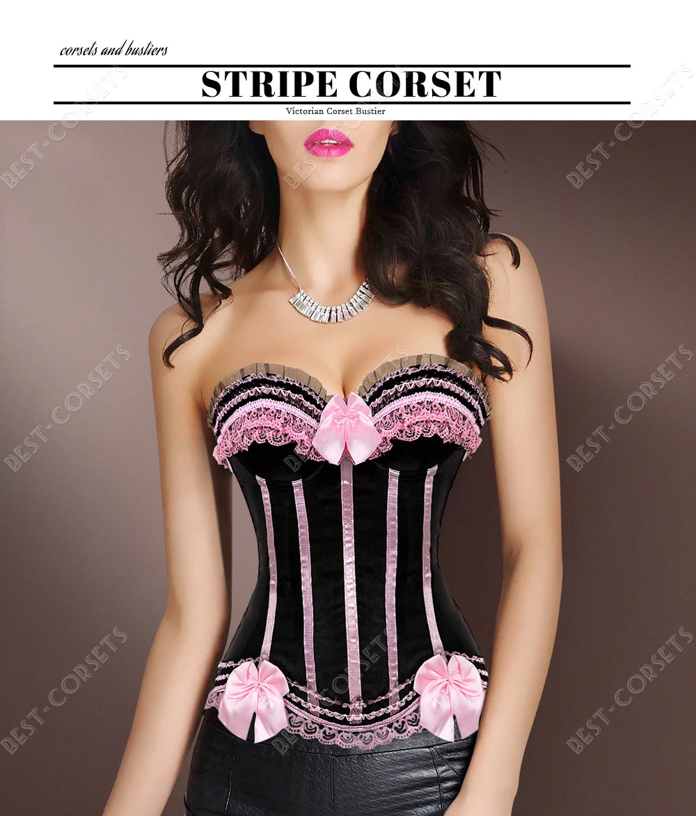 Pink Corset Top for Women Bustier Victorian Striped Sexy Corset Overbust Waist Slimming Corset Princess Halloween Costume