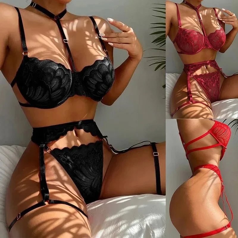 Lace Transparent Lingerie for Women Bra Set Floral Exotic Sheer Half Cup Bra Panty Lingerie Set Fashion Sexy Women's Underwear