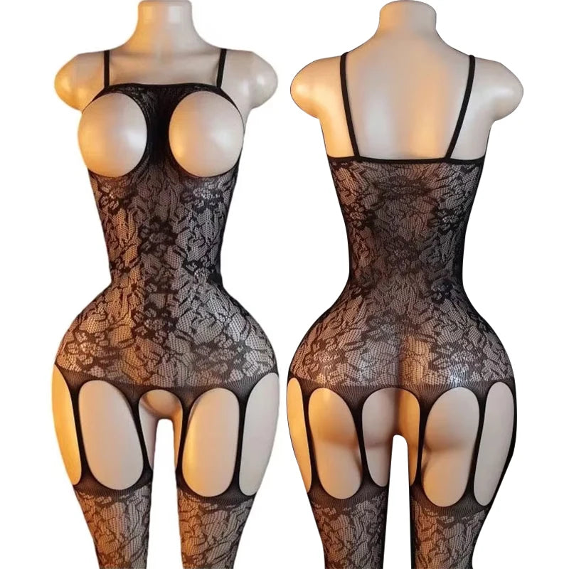 Plus Size Women Erotic Crotchless Lingerie Mesh Lace Floral Bra Set Black Sexy Fishnet Open Bra Bodystockings Porn Underwear Set