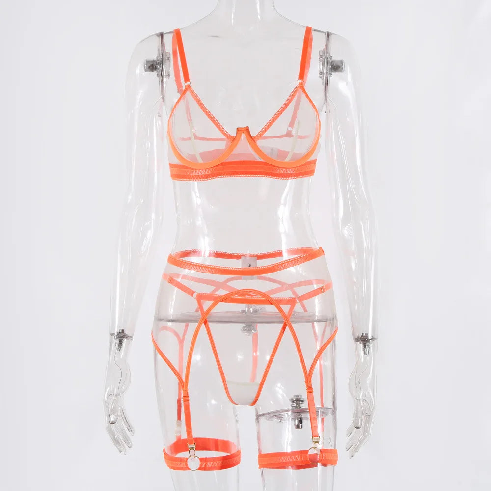 Brskbzda Neon Sensual Sexy Female Lingerie Transparent Bra Panty Set 4-Pieces See Through Seamless Exotic Sets Fancy Underwear