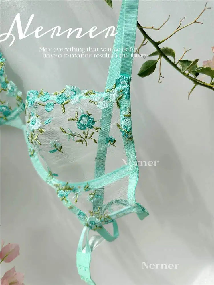YUQI French Elegant Lingerie Set-Floral Embroidery Semi-Transparent Bra & Brief,Black Sensual Women's Underwear Luxury Intimates