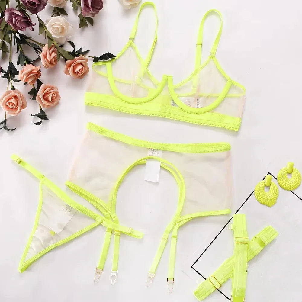 Brskbzda Neon Sensual Sexy Female Lingerie Transparent Bra Panty Set 4-Pieces See Through Seamless Exotic Sets Fancy Underwear
