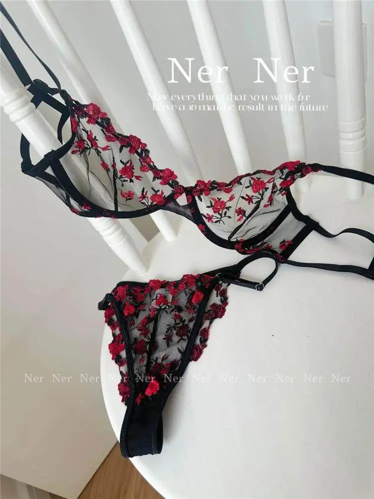 YUQI French Elegant Lingerie Set-Floral Embroidery Semi-Transparent Bra & Brief,Black Sensual Women's Underwear Luxury Intimates