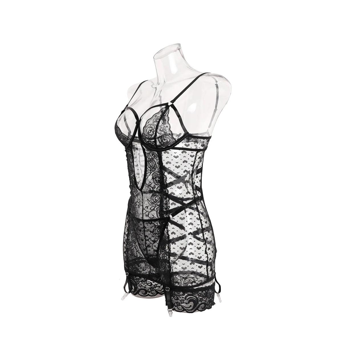Ellolace Valentine Women's Lingerie Sets Seductive Dress Thong 2PC with Leg Circles Tempted Heart See Through Hollow Mini Body