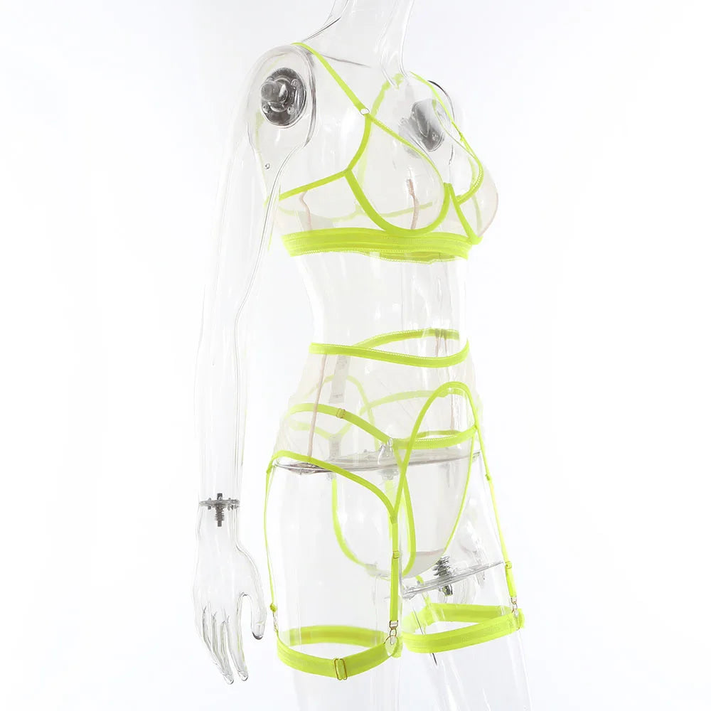 Brskbzda Neon Sensual Sexy Female Lingerie Transparent Bra Panty Set 4-Pieces See Through Seamless Exotic Sets Fancy Underwear