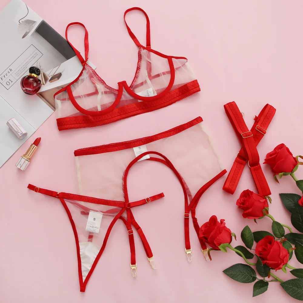 Brskbzda Neon Sensual Sexy Female Lingerie Transparent Bra Panty Set 4-Pieces See Through Seamless Exotic Sets Fancy Underwear