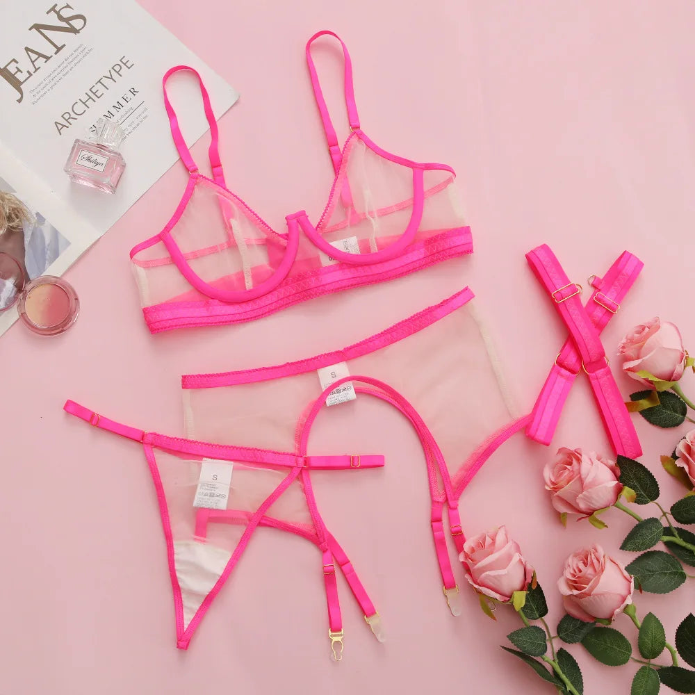 Brskbzda Neon Sensual Sexy Female Lingerie Transparent Bra Panty Set 4-Pieces See Through Seamless Exotic Sets Fancy Underwear