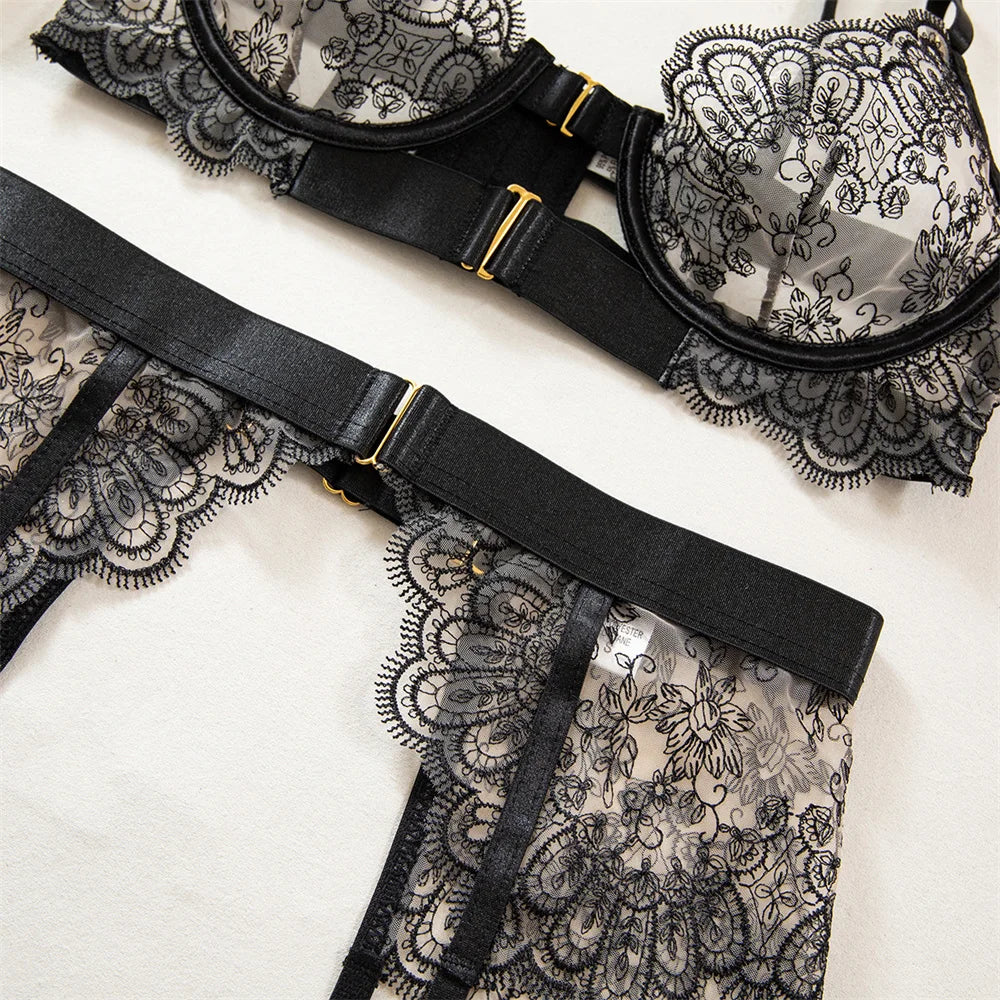 Krasapt Luxury Black Flower Embroidery Lingerie 4 Pcs Sets Fancy Mesh Transparent Metal Buckle Bra And Thong Garter Erotic Set