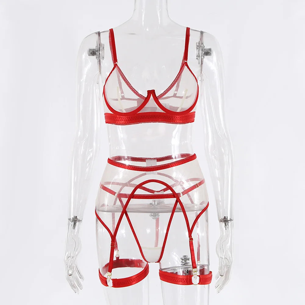 Brskbzda Neon Sensual Sexy Female Lingerie Transparent Bra Panty Set 4-Pieces See Through Seamless Exotic Sets Fancy Underwear