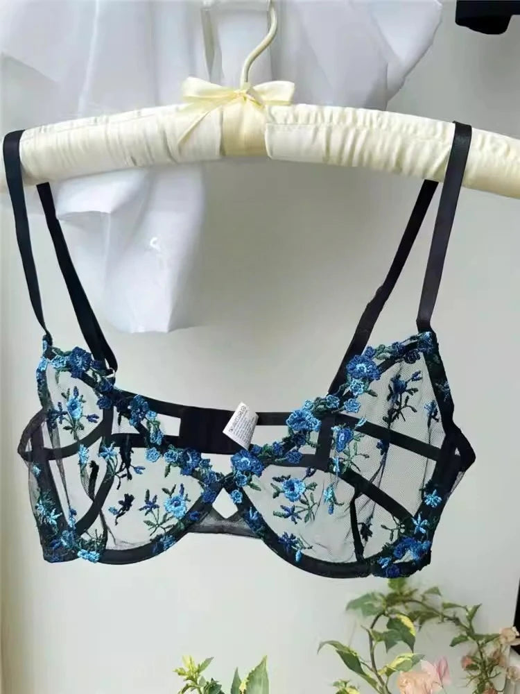 YUQI French Elegant Lingerie Set-Floral Embroidery Semi-Transparent Bra & Brief,Black Sensual Women's Underwear Luxury Intimates