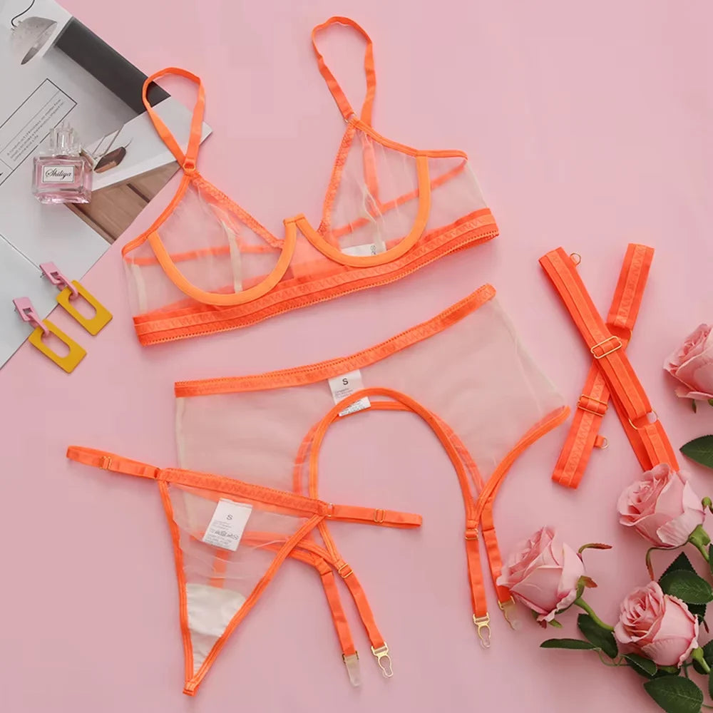 Brskbzda Neon Sensual Sexy Female Lingerie Transparent Bra Panty Set 4-Pieces See Through Seamless Exotic Sets Fancy Underwear