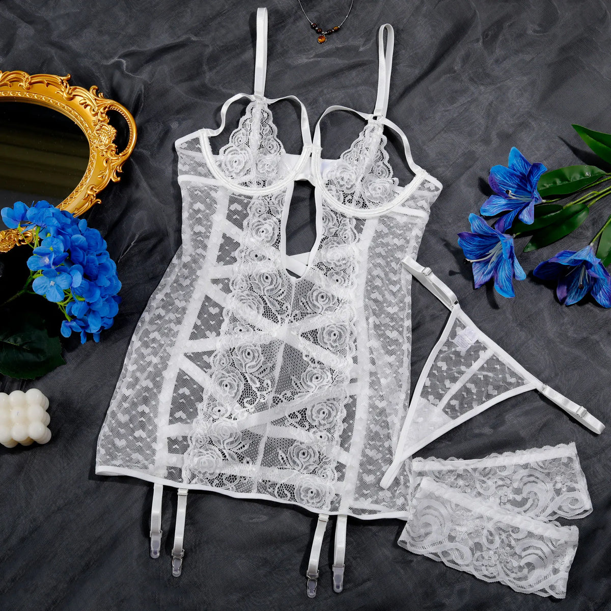 Ellolace Valentine Women's Lingerie Sets Seductive Dress Thong 2PC with Leg Circles Tempted Heart See Through Hollow Mini Body