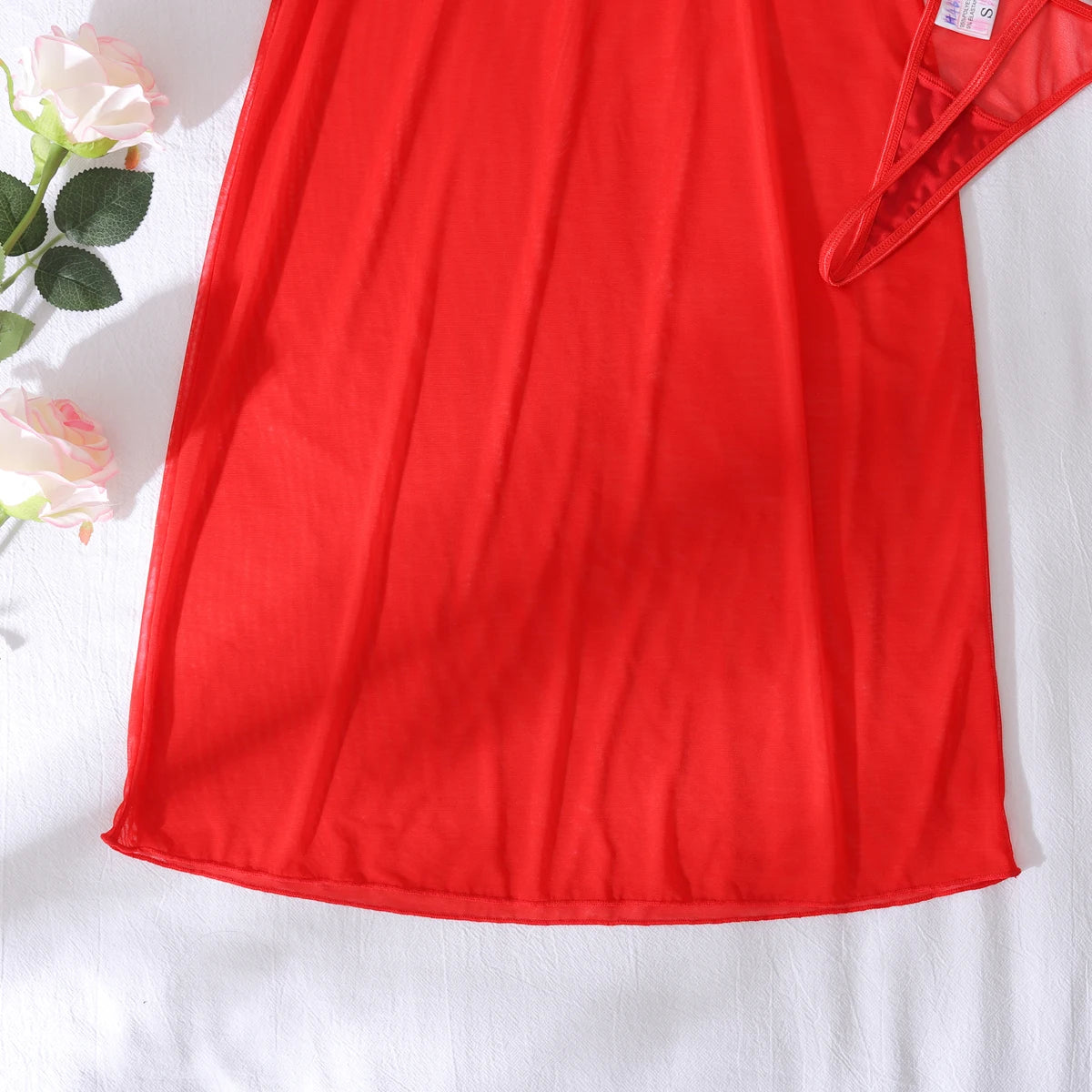 2025 new mesh sexy see through red shapewear nightgown with tassel chest patch underwear set, two-piece set