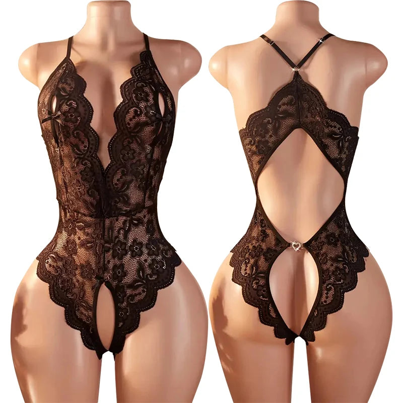 Female Lace Deep V Neck Mini Open Bras Body Suits Erotic Crotchless Lingerie Women Sexy Teddy Bodysuit Plus Size Underwear Sets