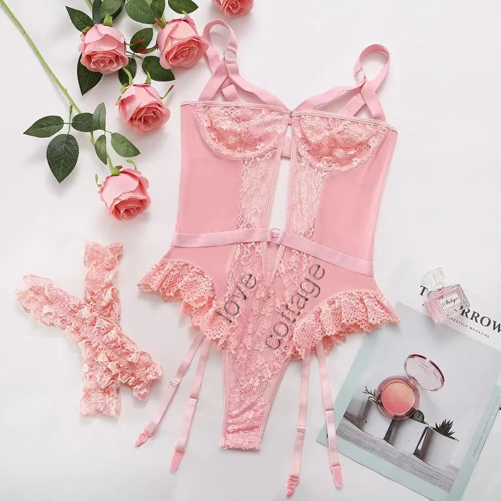 Hot Contrast Lace Teddy Sexy Lingerie Set Lettuce Trim Heart Decor Cut Out Strappy Thong Bodysuit Women's Erotic Lingerie