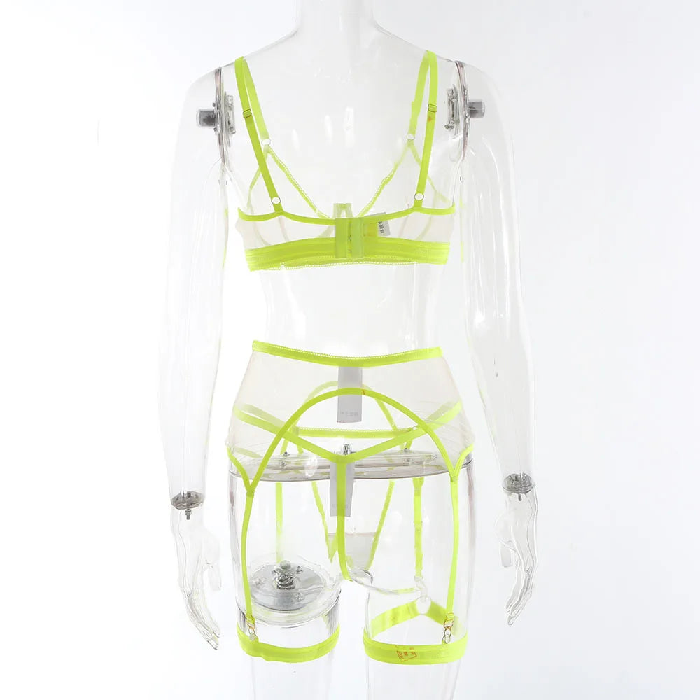 Brskbzda Neon Sensual Sexy Female Lingerie Transparent Bra Panty Set 4-Pieces See Through Seamless Exotic Sets Fancy Underwear