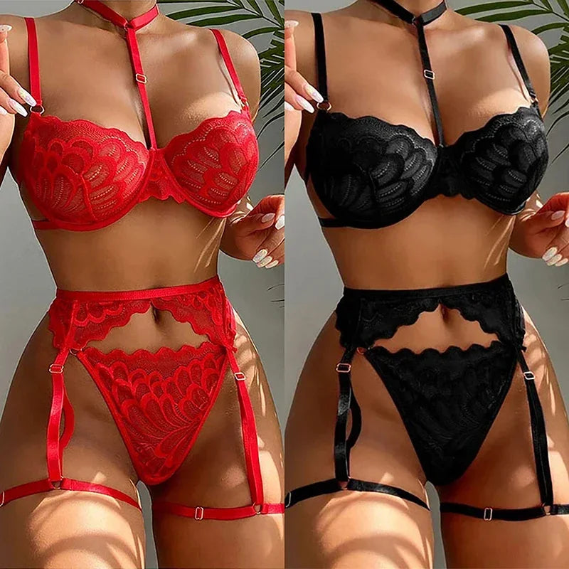 Lace Transparent Lingerie for Women Bra Set Floral Exotic Sheer Half Cup Bra Panty Lingerie Set Fashion Sexy Women's Underwear