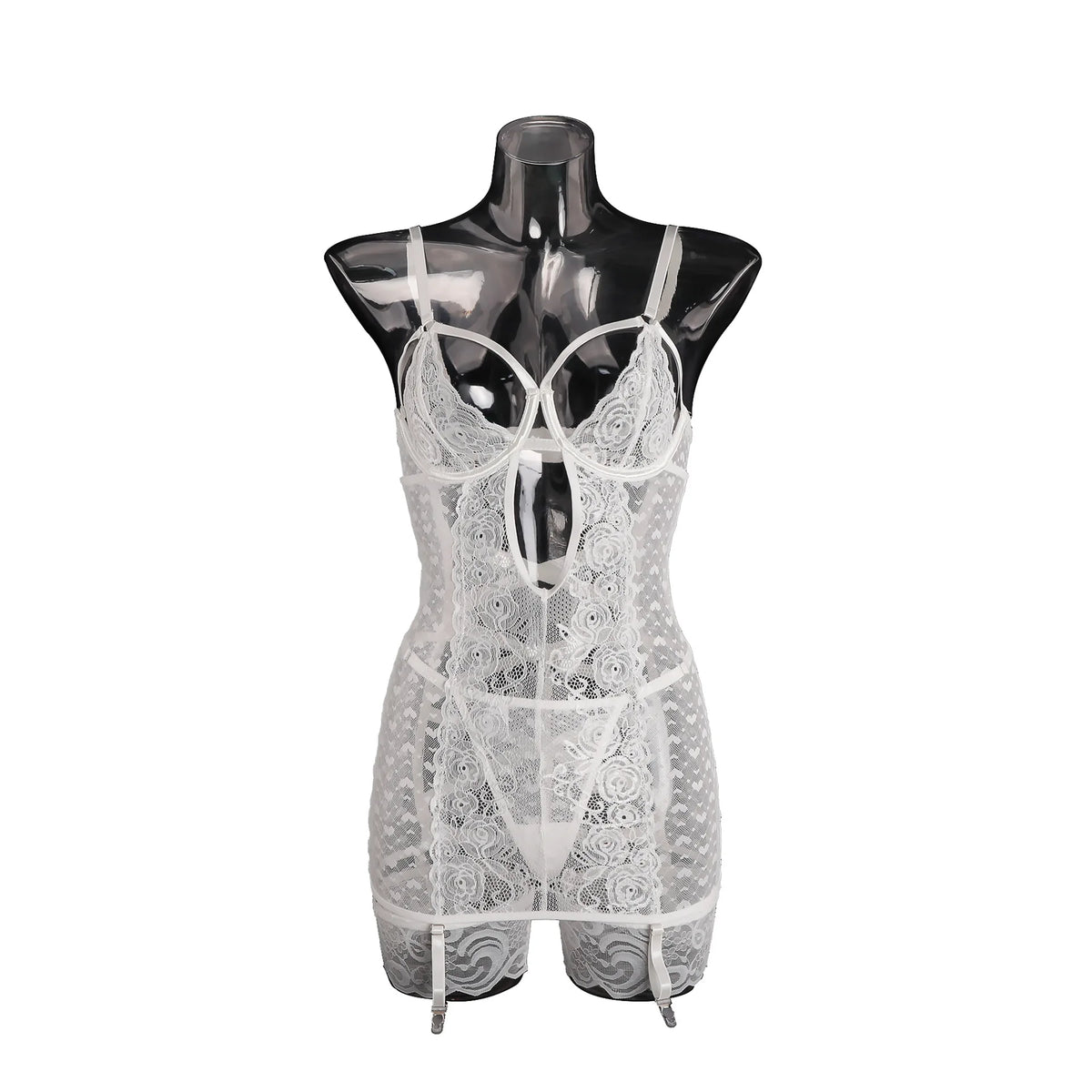 Ellolace Valentine Women's Lingerie Sets Seductive Dress Thong 2PC with Leg Circles Tempted Heart See Through Hollow Mini Body
