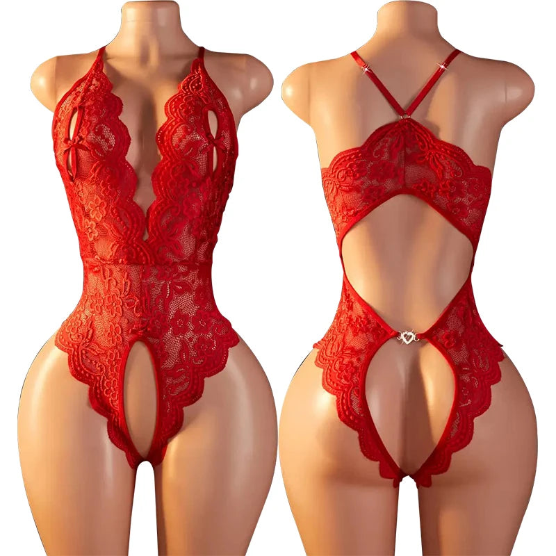 Female Lace Deep V Neck Mini Open Bras Body Suits Erotic Crotchless Lingerie Women Sexy Teddy Bodysuit Plus Size Underwear Sets