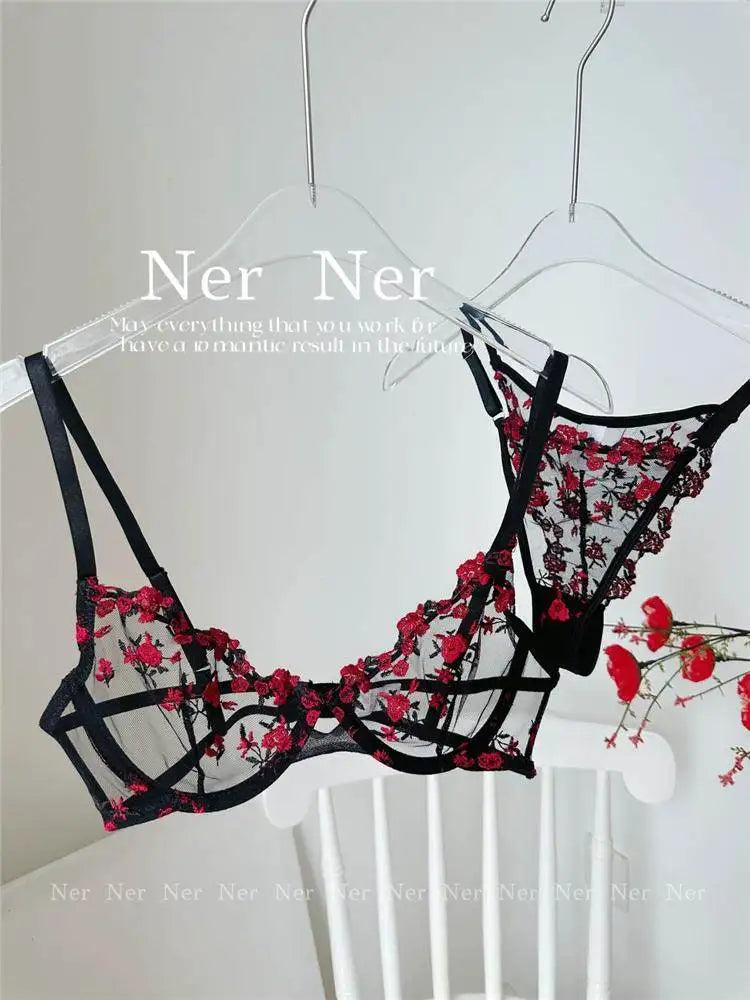 YUQI French Elegant Lingerie Set-Floral Embroidery Semi-Transparent Bra & Brief,Black Sensual Women's Underwear Luxury Intimates