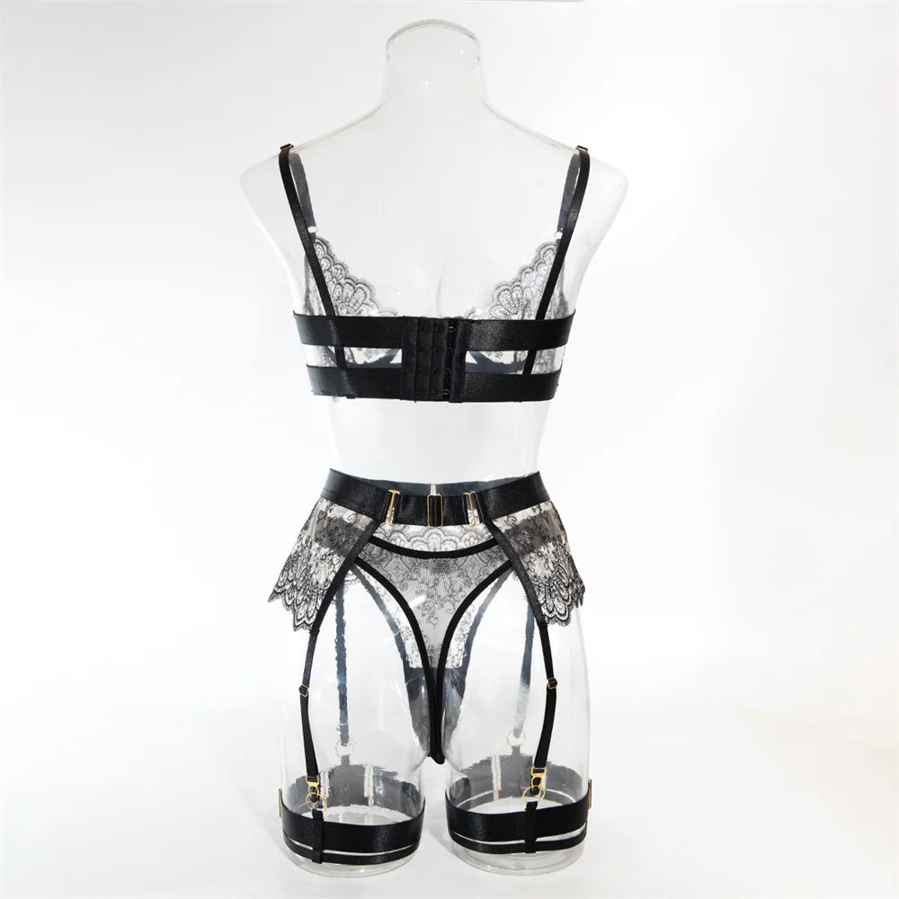 Krasapt Luxury Black Flower Embroidery Lingerie 4 Pcs Sets Fancy Mesh Transparent Metal Buckle Bra And Thong Garter Erotic Set