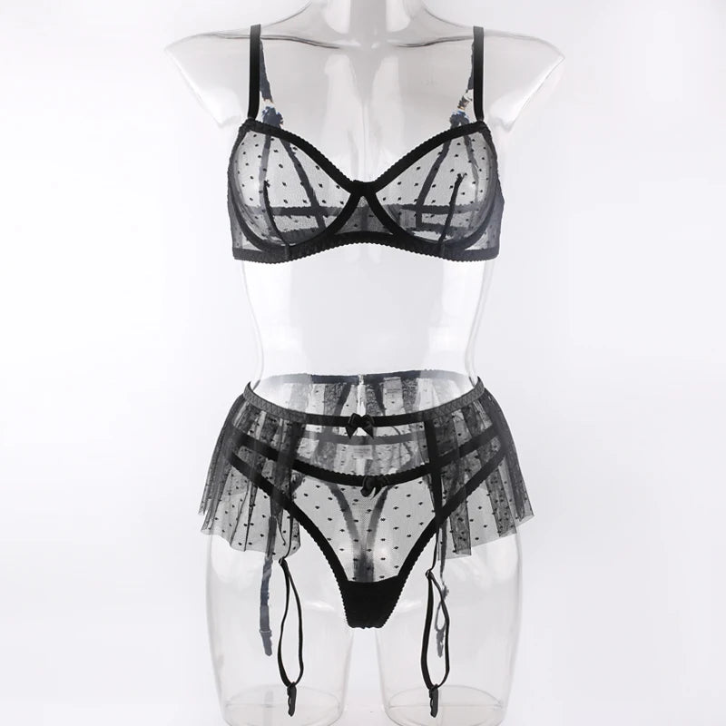 Krasapt Polka Dot Print Push Up Bra Mesh Woman Exotic Lingerie Sets Ruffle Lingerie Extremely Hookers Outfit Underwear Demi Cup