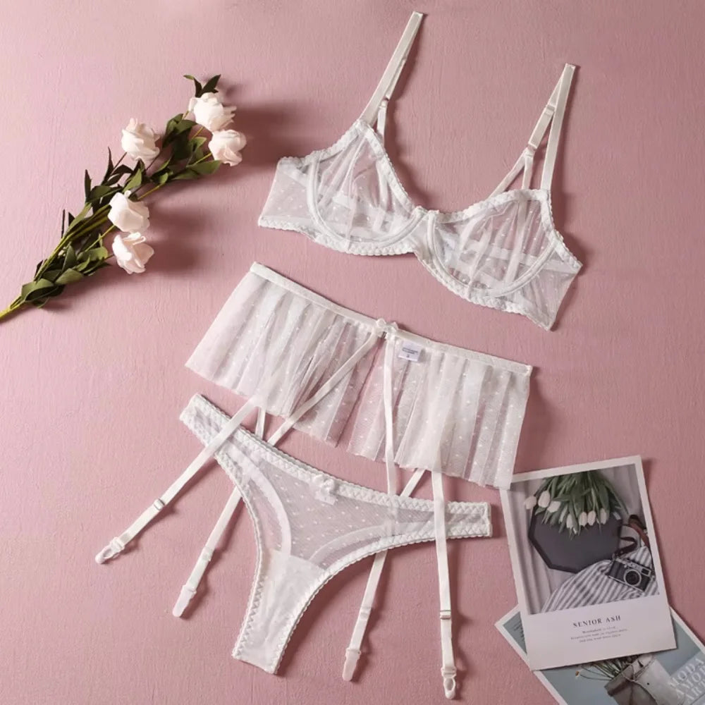 Krasapt Polka Dot Print Push Up Bra Mesh Woman Exotic Lingerie Sets Ruffle Lingerie Extremely Hookers Outfit Underwear Demi Cup