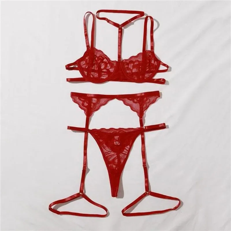 Lace Transparent Lingerie for Women Bra Set Floral Exotic Sheer Half Cup Bra Panty Lingerie Set Fashion Sexy Women's Underwear