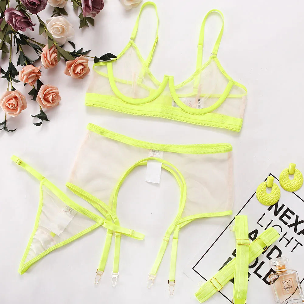 Brskbzda Neon Sensual Sexy Female Lingerie Transparent Bra Panty Set 4-Pieces See Through Seamless Exotic Sets Fancy Underwear