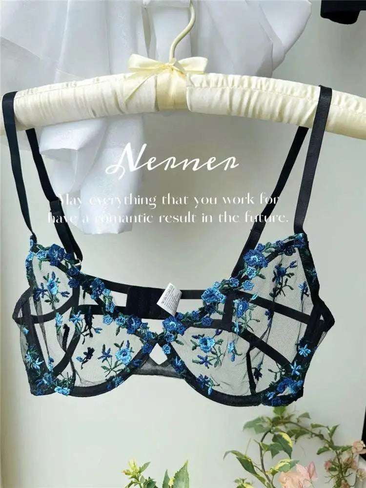 YUQI French Elegant Lingerie Set-Floral Embroidery Semi-Transparent Bra & Brief,Black Sensual Women's Underwear Luxury Intimates