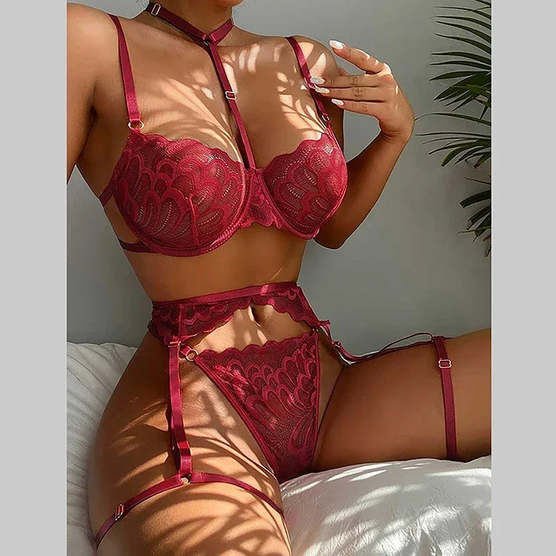 Lace Transparent Lingerie for Women Bra Set Floral Exotic Sheer Half Cup Bra Panty Lingerie Set Fashion Sexy Women's Underwear