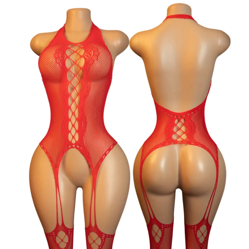 Ultra Hot Crotchless Lingerie Open Bra Erotic Costumes Transparent BodySuits Adults Hanging Neck Bodystockings Fishnet Underwear