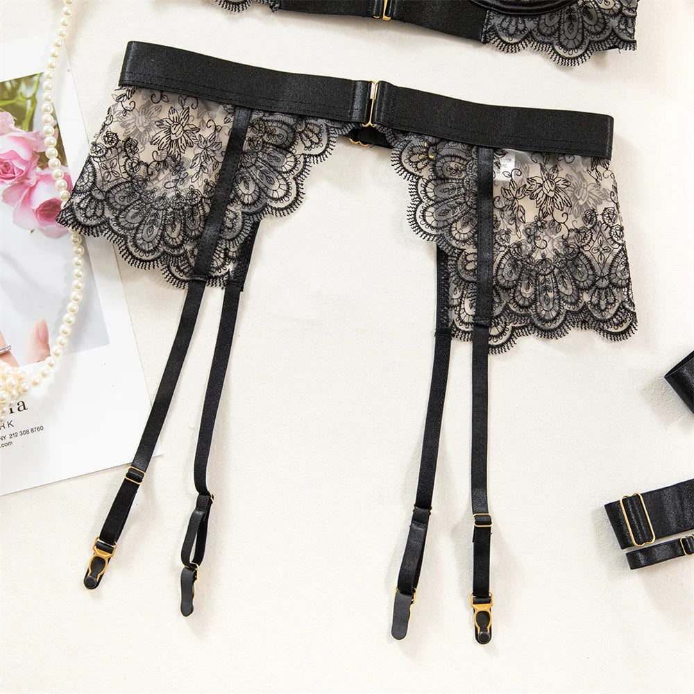 Krasapt Luxury Black Flower Embroidery Lingerie 4 Pcs Sets Fancy Mesh Transparent Metal Buckle Bra And Thong Garter Erotic Set