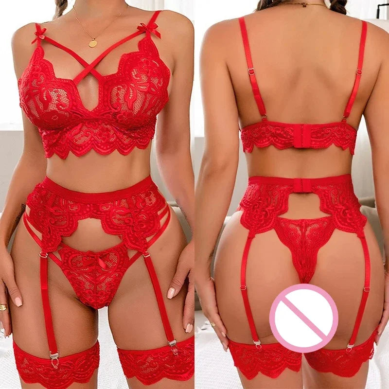 Lace Transparent Lingerie for Women Bra Set Floral Exotic Sheer Half Cup Bra Panty Lingerie Set Fashion Sexy Women's Underwear