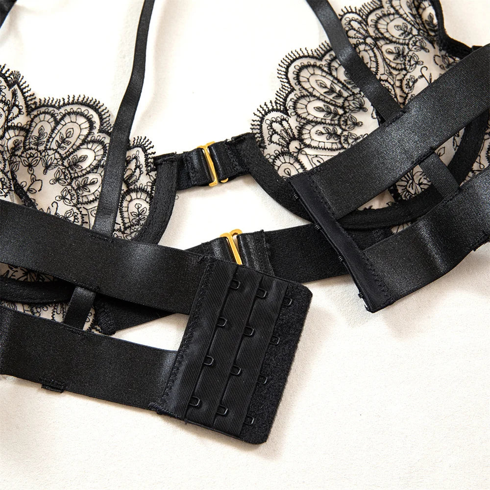 Krasapt Luxury Black Flower Embroidery Lingerie 4 Pcs Sets Fancy Mesh Transparent Metal Buckle Bra And Thong Garter Erotic Set